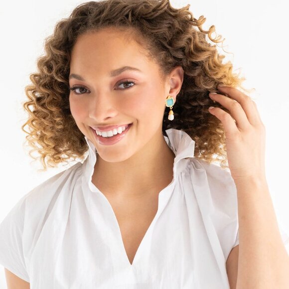 Radiant! Susan Shaw Charlotte Riviera Teal French Glass & Pearl Drop Earrings - Picture 2 of 2